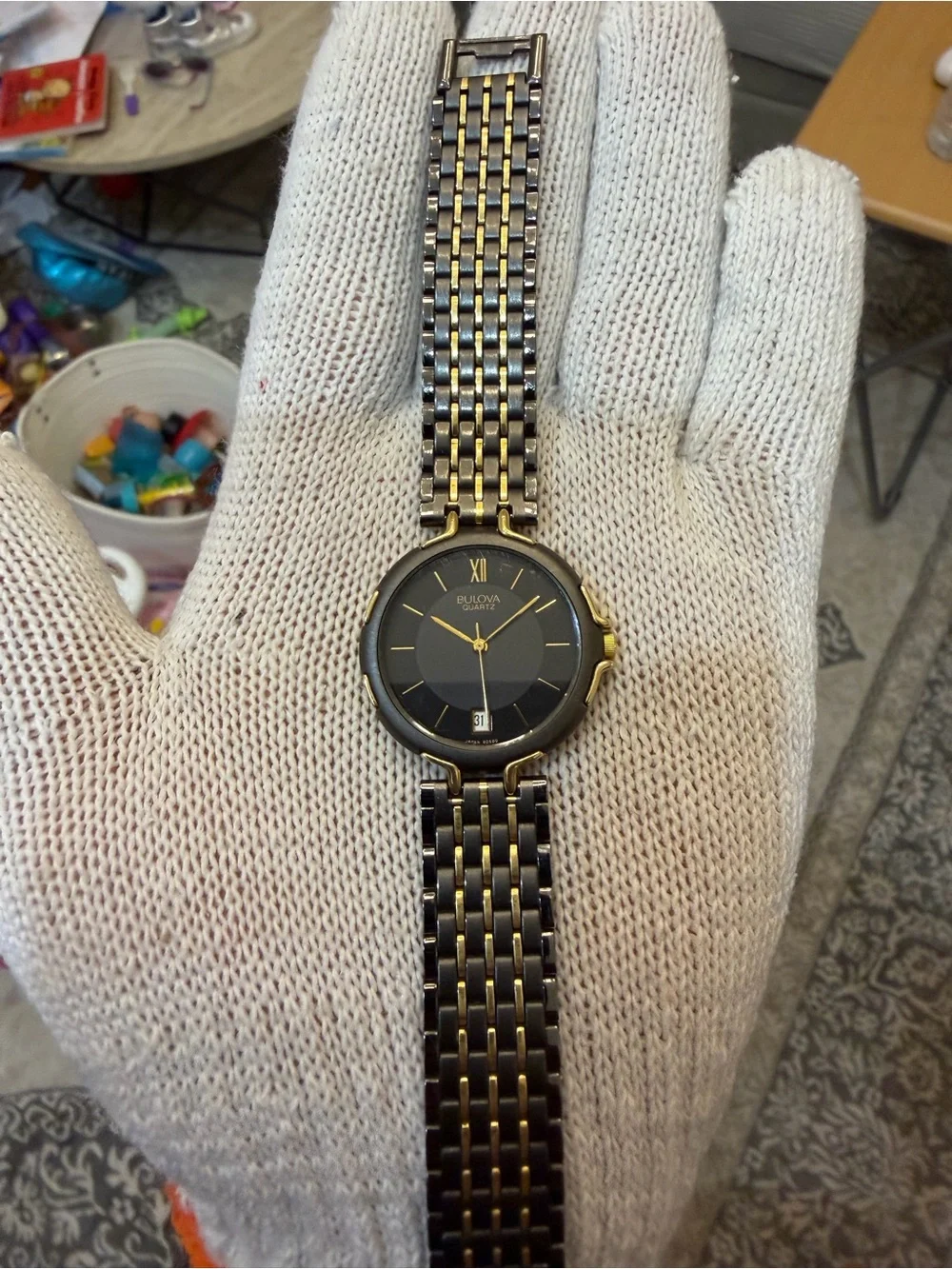 Vintage Bulova Women's Two-Tone Dress Watch Black Geometric Dial Date 60-10 32mm